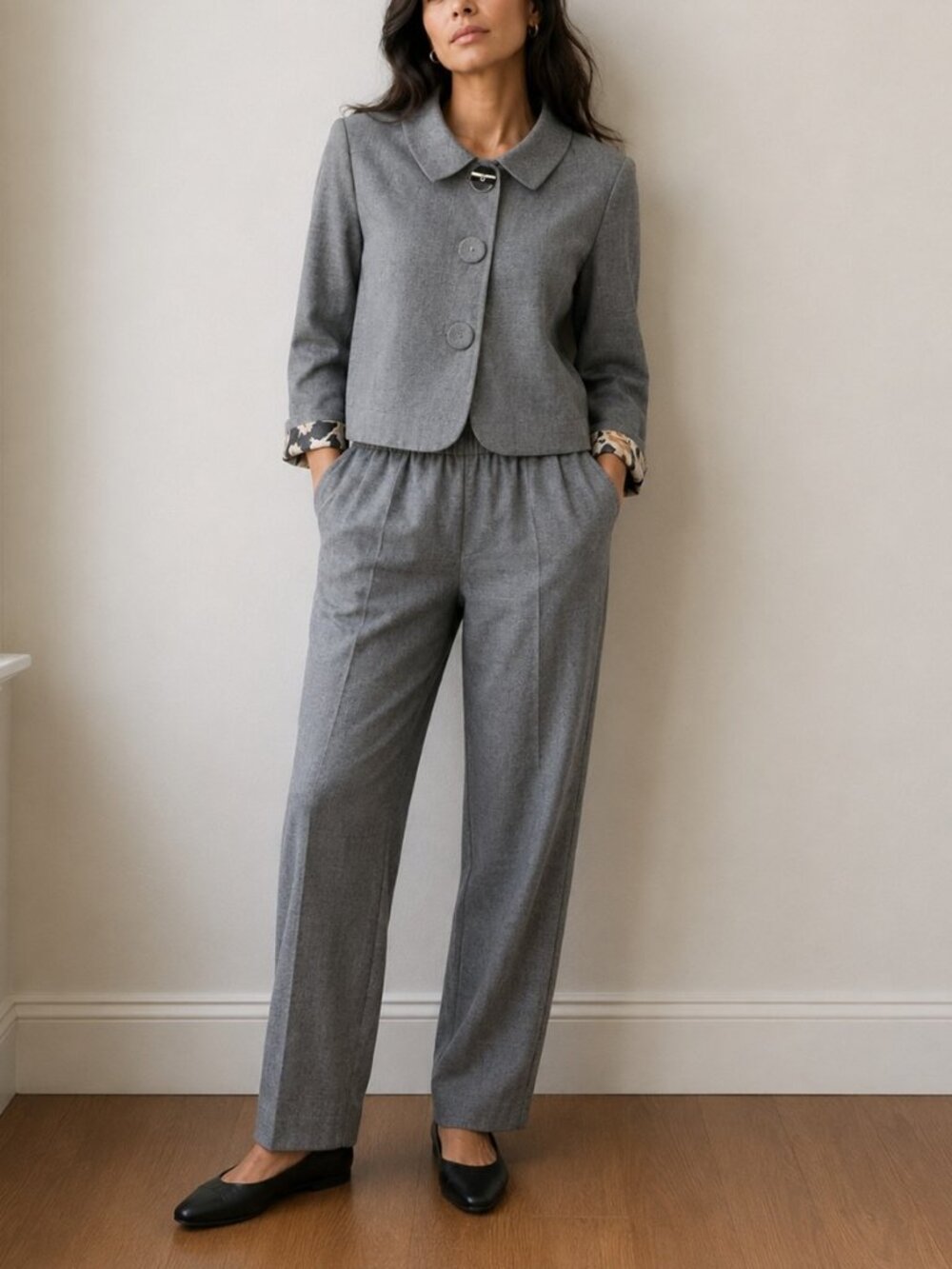Simona Vignoli linen blend cropped blazer and pant suit set grey women's size 44